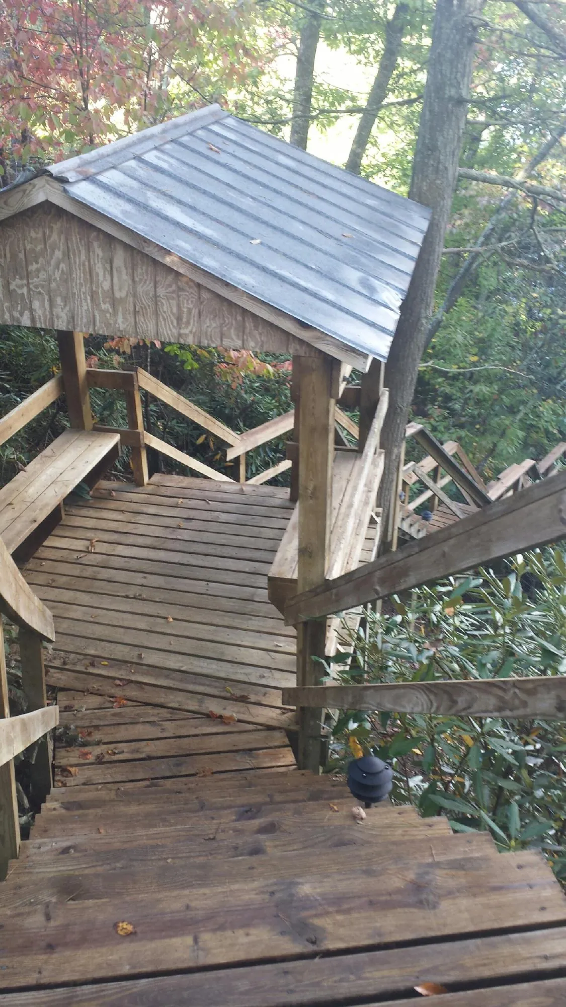 Metal roofed shelter over wooden steps on a wooded walkway — Skylight Repair & Installation work by our crew in Sacramento